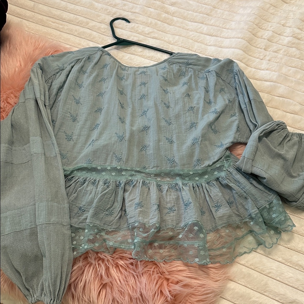 2/$75 Free People Dusty Blue Embroidered Peasant Blouse - Picture 8 of 10